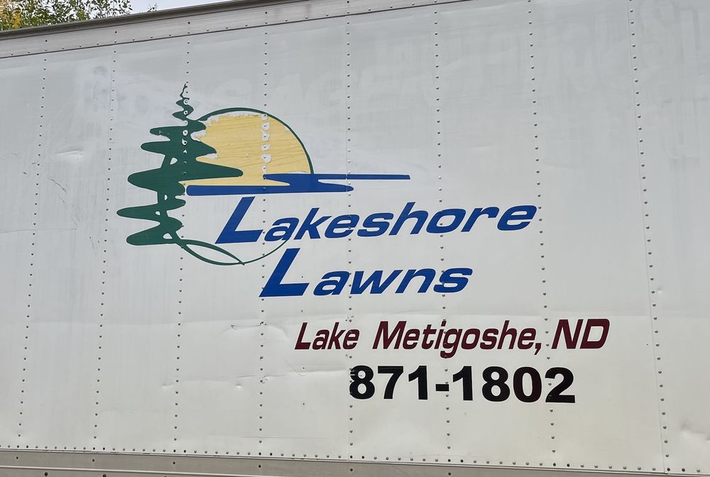 Lakeshore Lawns box truck with the Lake Metigoshe, ND logo